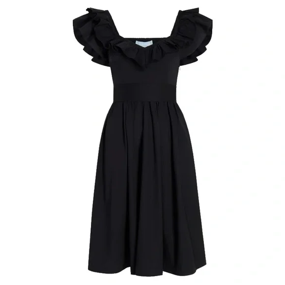 Hill House Ava Nap Dress in Black Cotton Poplin Midi Ruffle Sleeve Smocked Back - Picture 1 of 7